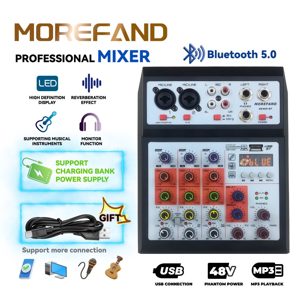Mixer Audio Profesional Mixer Audio kecil 4 saluran Mendukung pemutaran Bluetooth/PC/MP3 Dukungan