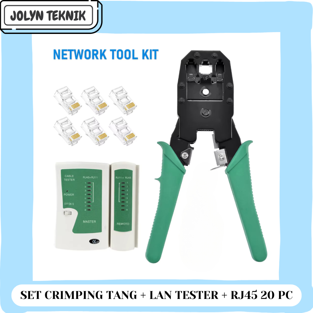 Set Crimping Tang + LAN Tester RJ45 10 PC Cat 5 Network Lan Cable Tester Konektor
