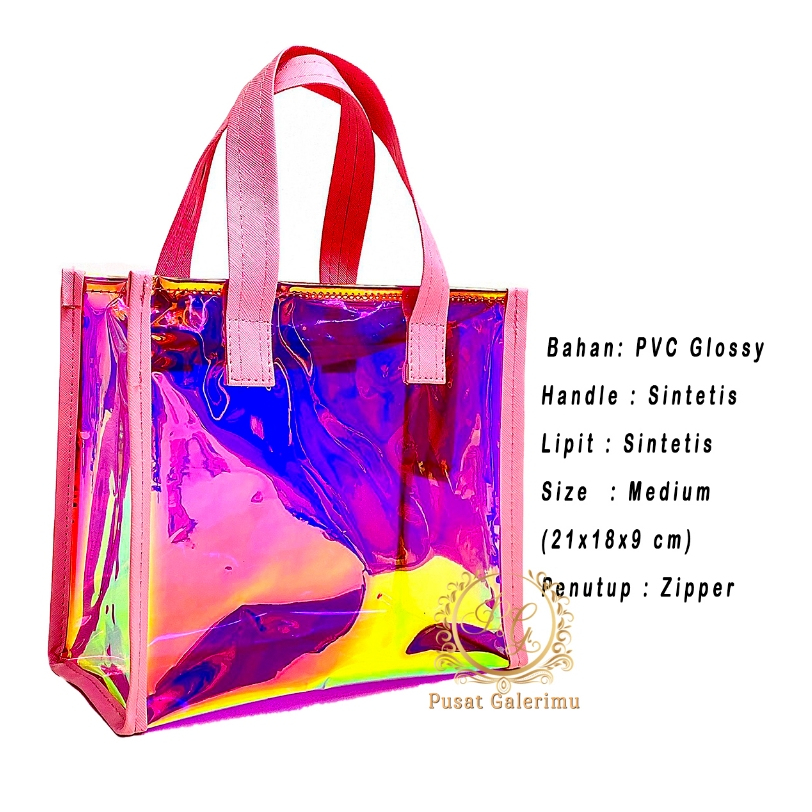 Tas Medium Resleting Zipper PVC Hologram bisa Custom