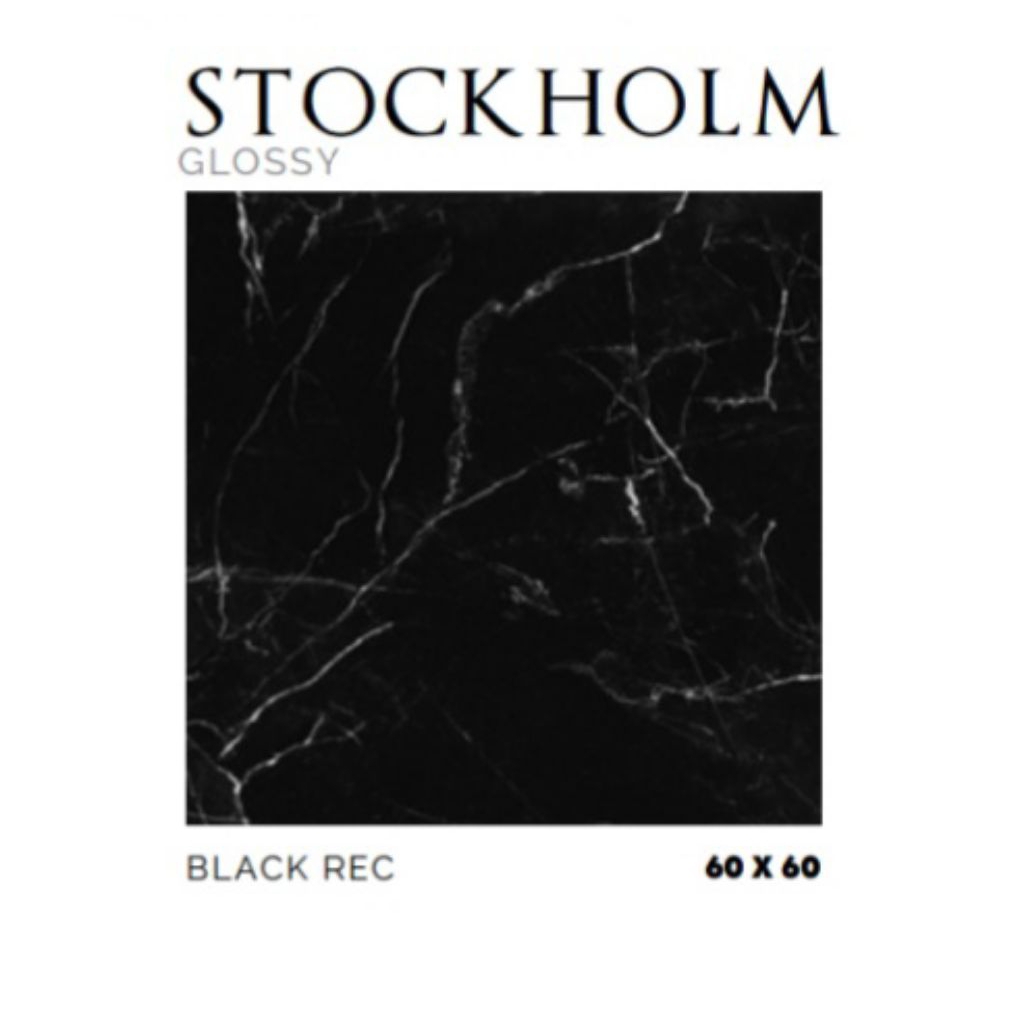 KERAMIK MERK PLATINUM TIPE STOCKHOLM BLACK UKURAN 60X60 RECTIFIED CUTTING WARNA DASAR HITAM MOTIF CO