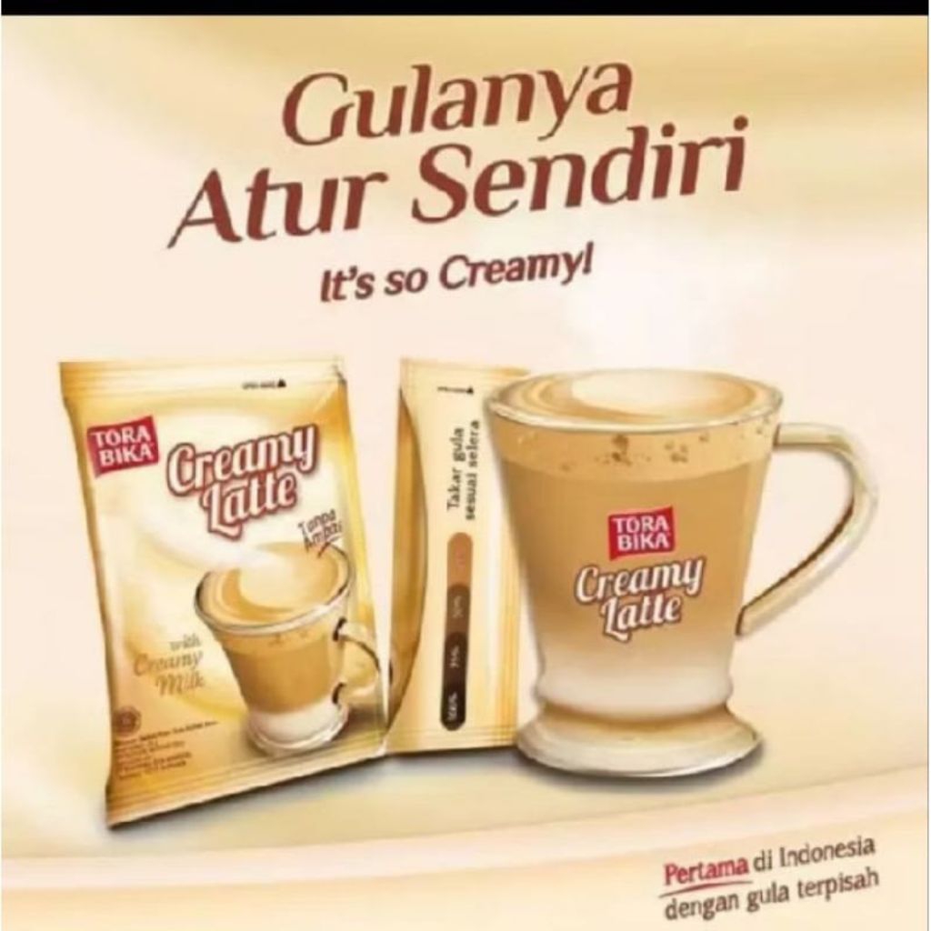 

tora bika CREAMY LATTE.1 renteng promo gratis 1 sendok, isi 10 sachet. kopi dengan gula terpisah.