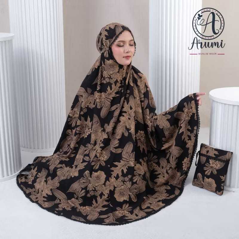 Mukena Katun Rayon Viscos Motif 2in1 - Mukena Dewasa Jumbo Motif Bunga Hitam Putih by Arumi