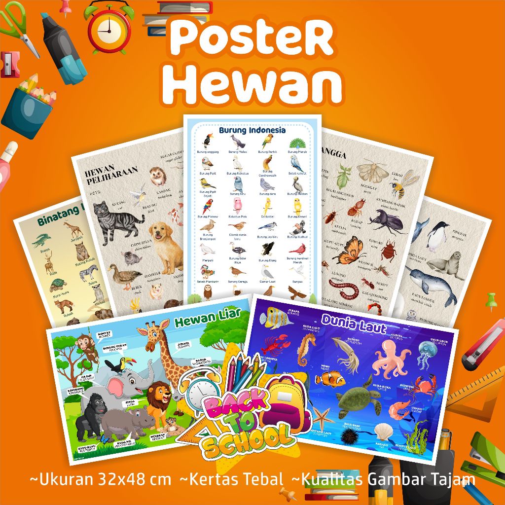 Poster HEWAN - Poster edukasi binatang, hewan darat, hewan peliharaan, hewan laut
