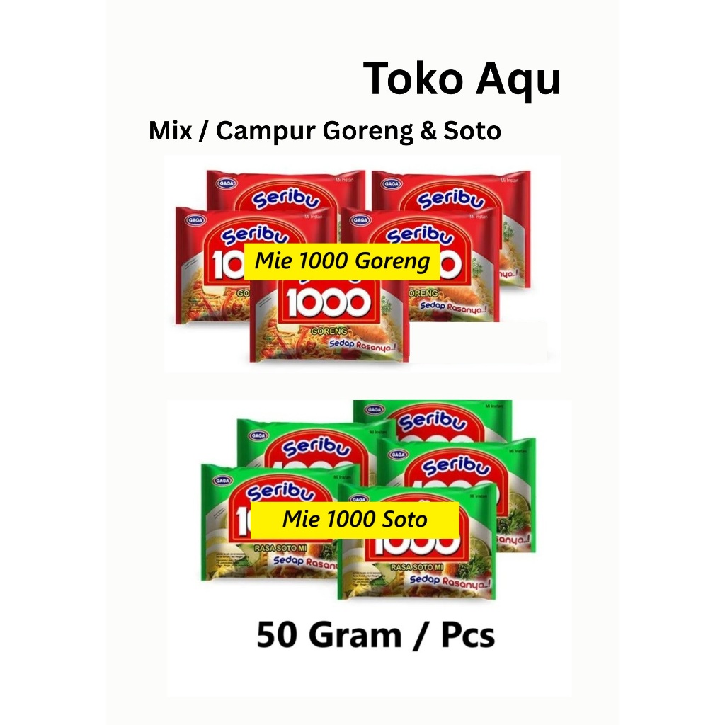 

C5 Paket Campur Random 2 rasa Mie Gaga 1000 Seribu goreng dan soto Harga Termurah