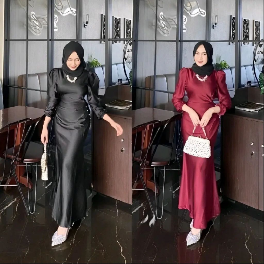 Elora Dres Satin Silk Premium Baju Fashion Wanita Kondangan Wisuda Couple Muslimah Gamis Lebaran Bri