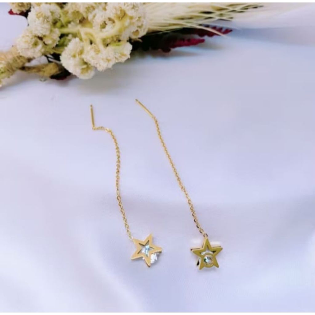 Anting panjang wanita titanium fashion Korean gold 24k motif bintang permata