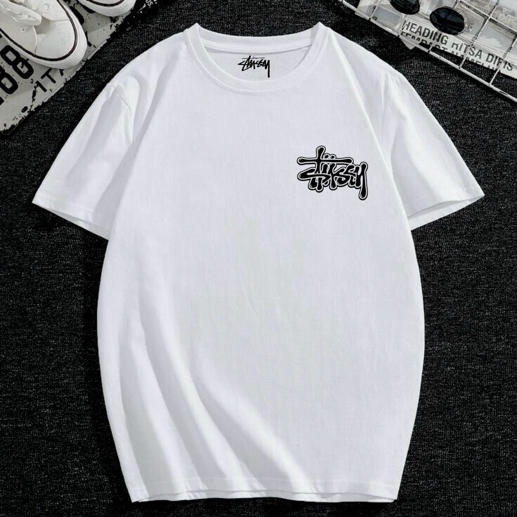Baju kaos Stussy kaos pria stuusy motif depan belakang  katun combed 20s full teks Made in USA Kaos 