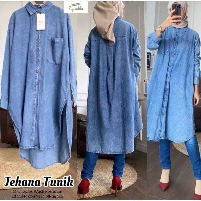 Jehana Tunik Jeans Kemeja Atasan Wanita Oversize Jumbo/Long Tunik Denim Baju Atasan Kemeja Wanita Ju