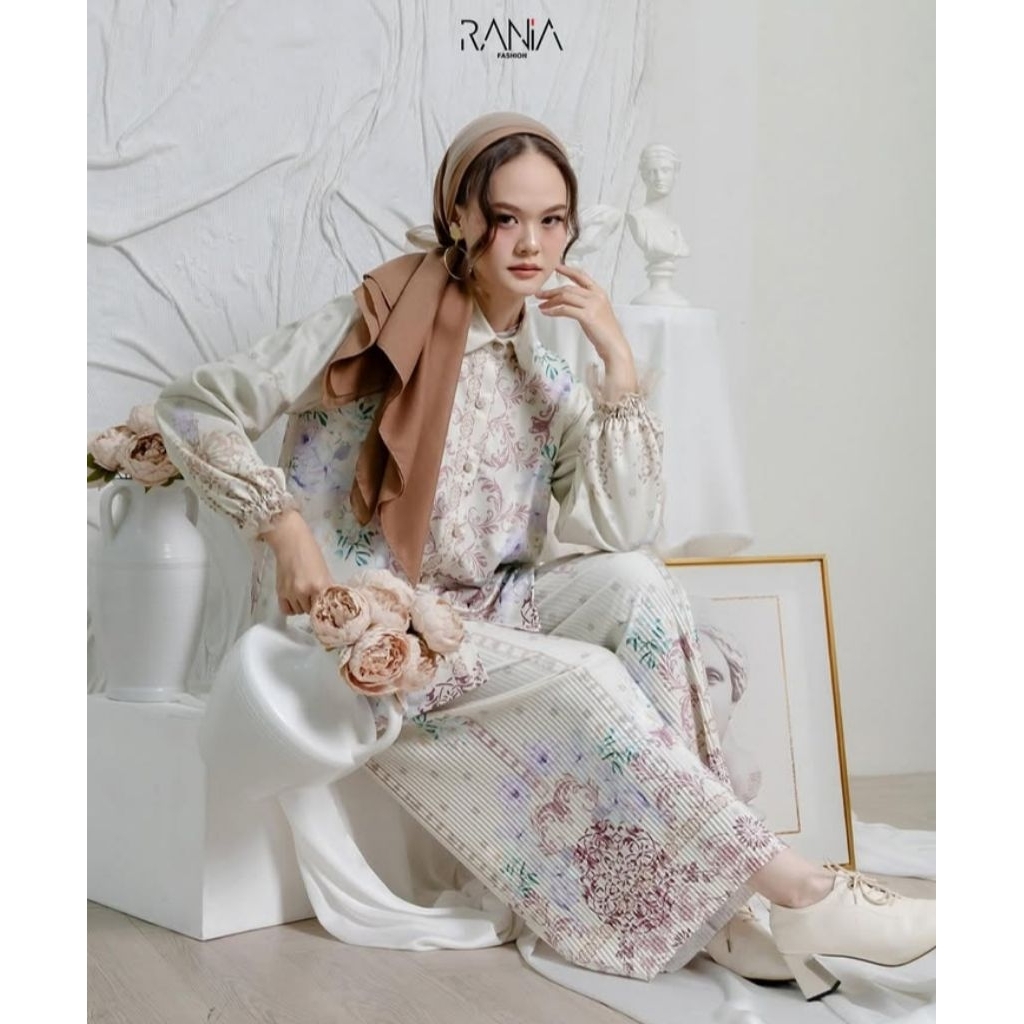 One Set Setelan Celana Kulot Plisket Wanita Motif Gabriella