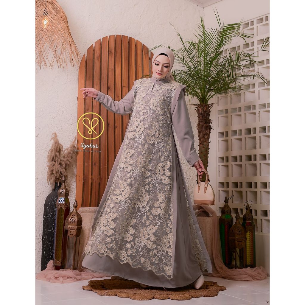 GAMIS SYAKUR TERBARU / GAMIS TILE FLOWER BY SYAKUR COLLECTION ORIGINAL / DRESS SET OUTER TILE