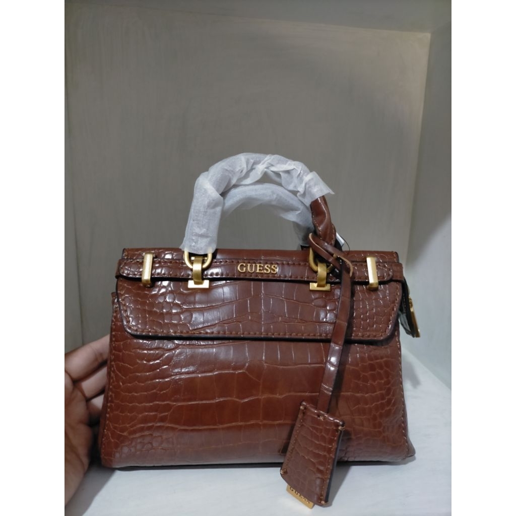 GUESS SESTRI MINI SATCHEL CROCO BROWN