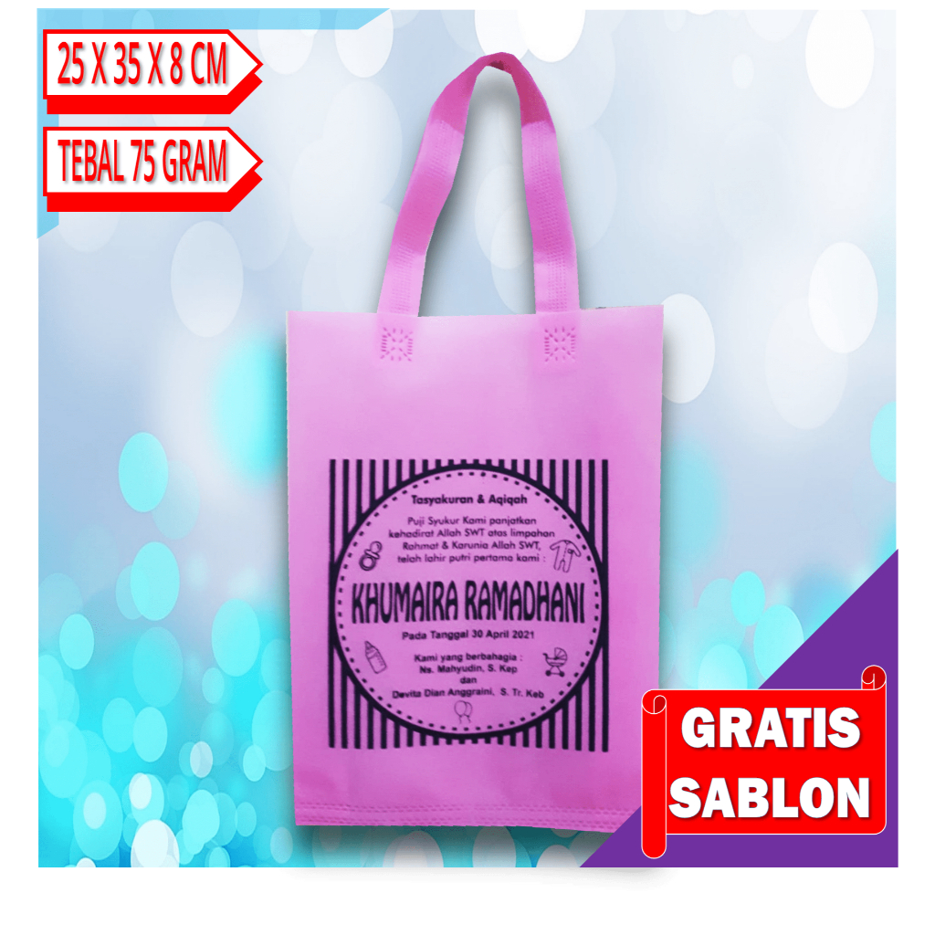 

TAS TALI GOODIEBAG 25X35X8 CM BRAND TOKO, ULTAH, SUNATAN, PERNIKAHAN 75 GSM TEBAL SPUNBOND