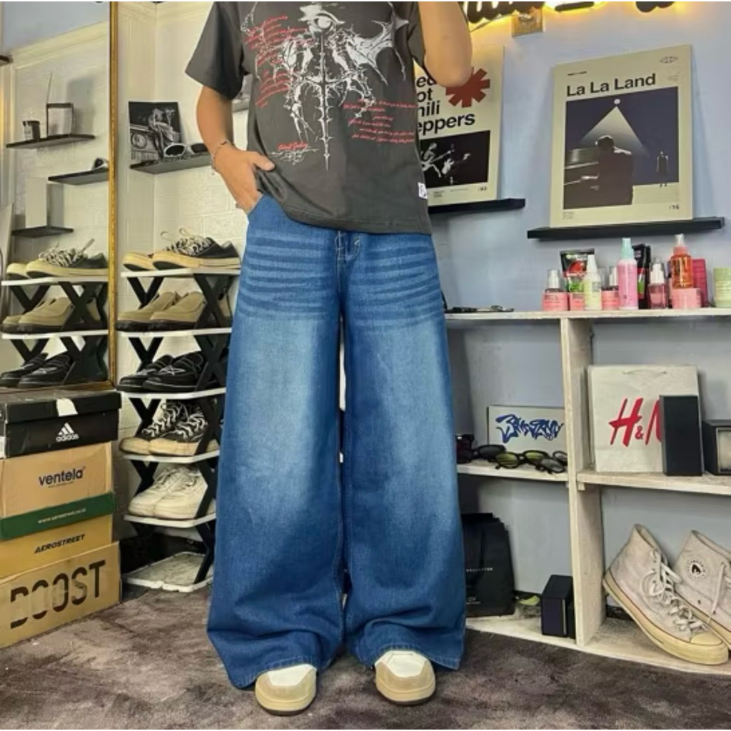 Celana Gombrong Skena Cowok Whisker Baggy Pants Panjang Lebar Wide Leg Korean Style Kekinian Produk 