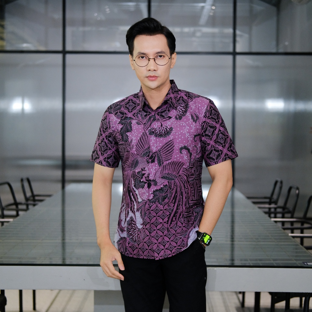 Batik Pria Modern Motif Peksi Ungu Kemeja Batik Pria Lengan Pendek Original Slimfit Batik Jumbo Pria