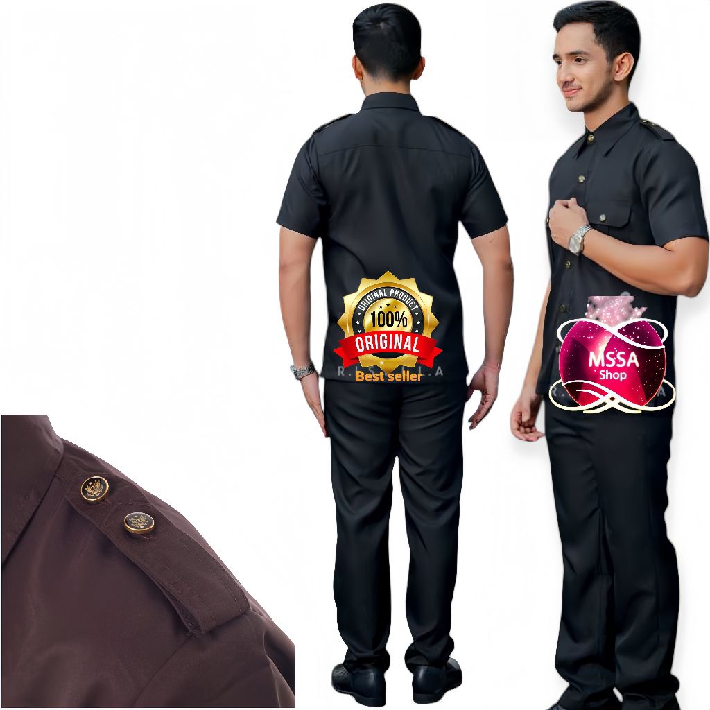 KONVEKSI LANGSUNG 1 STEL Seragam Safari hitam coklat lengan pendek panjang baju Security Seragam Saf