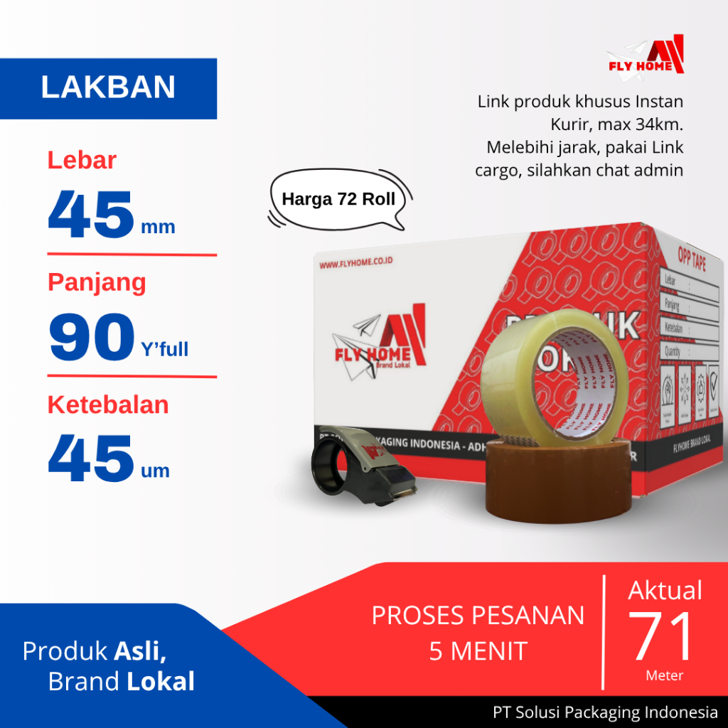 

FLYHOME Lakban bening coklat 45x90yard 2inchi 1dus 72roll ukuran FULL 71M INSTAN