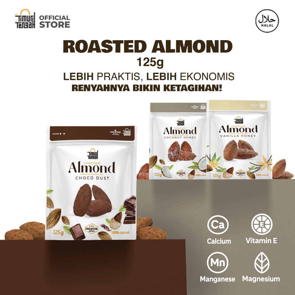 

Timur Tengah Kacang Almond 125 gr Choco Dust Vanilla Honey Coconut Premium High Quality