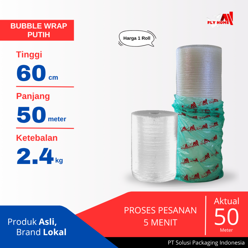 

FLYHOME Bubble wrap putih potongan 60cm 1 roll besar 2,4kg 60x50meter