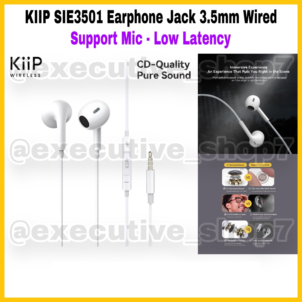KIIP SIE Wired Earphone Headset 3.5mm/Type-C/Lightning Jack 110cm Low Latency Mic