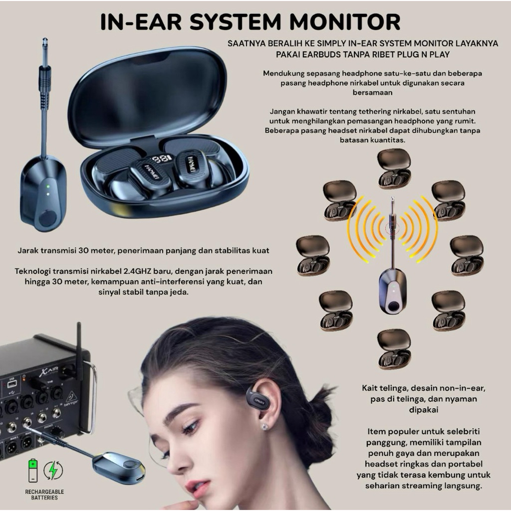 Headset Monitoring Wireless 2.4GHz  | New Model Hanmei HQ-27 | Monitoring Mic Tanpa Delay Live