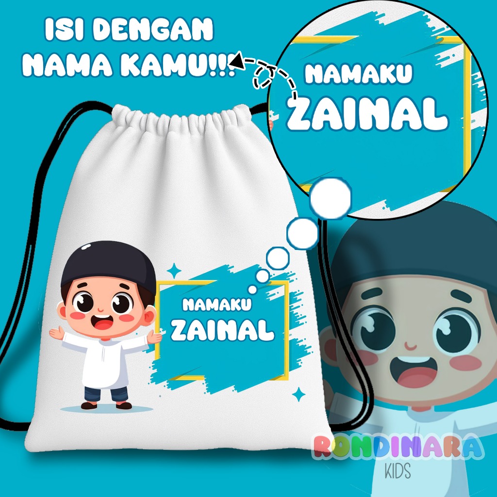 Tas Serut Anak Ngaji CUSTOM NAMA/ Tas Serut Anak Gratis Nama / Tas Serut Custom