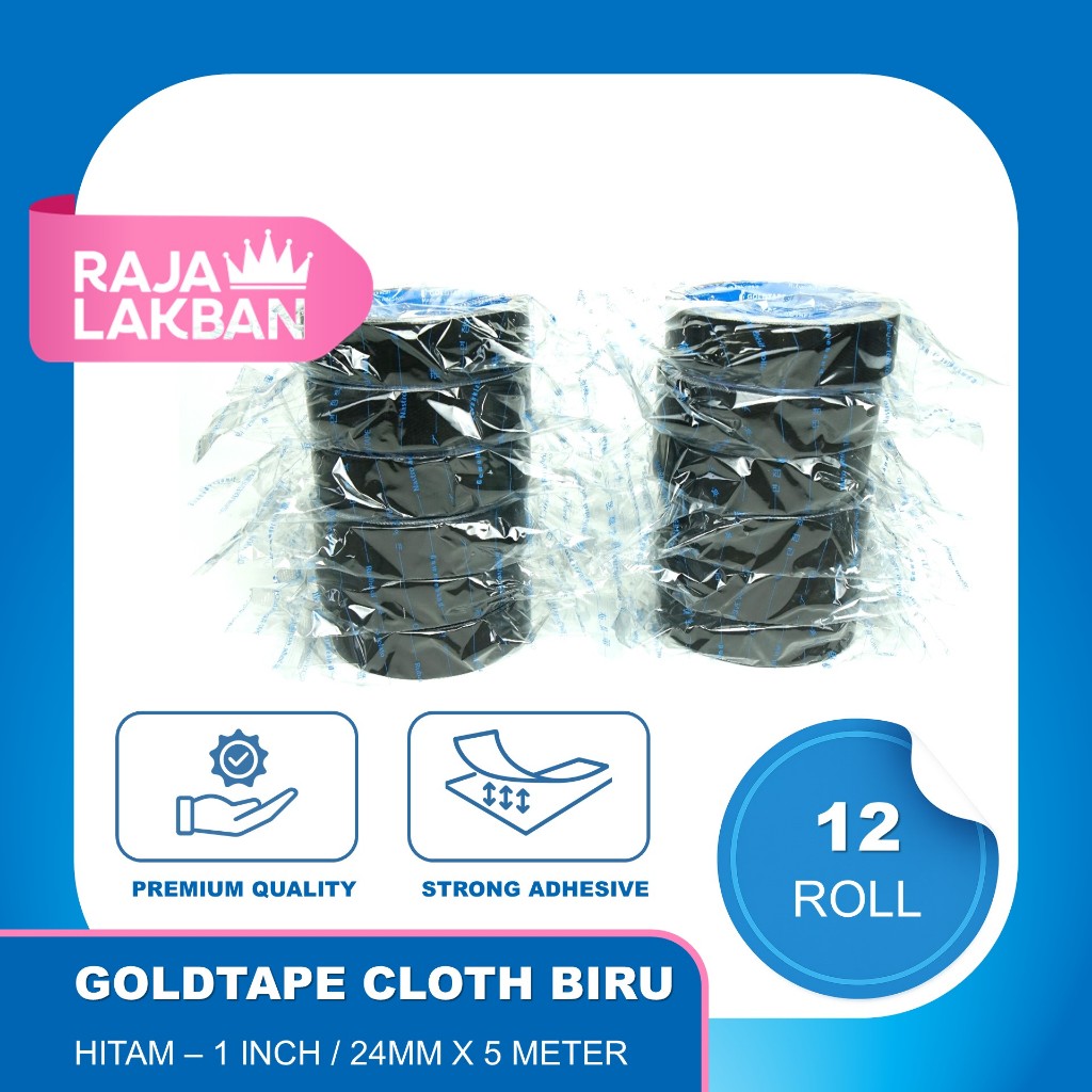 

HenJO Cloth Tape Lakban Kain Goldtape Core Biru 1 Inch 24mm, 1,5 Inch 36mm, 2 Inch 48mm - Hitam -