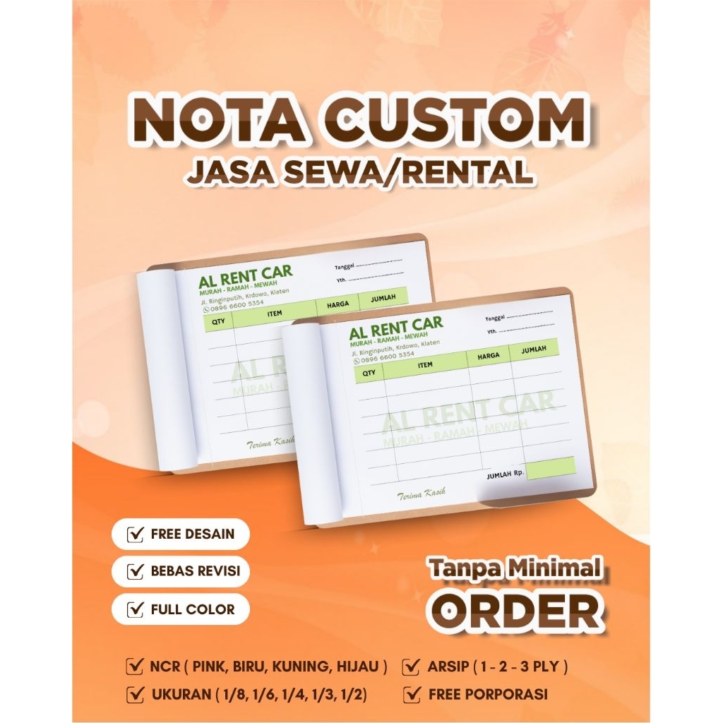 

CUSTOM NOTA RENTAL | NOTA SEWA | NOTA PEMINJAMAN | NOTA PINJAM | NOTA CUSTOM JOGJA | SLEMAN | ECER | SATUAN | FREE DESAIN | TANPA MINIMAL ORDER