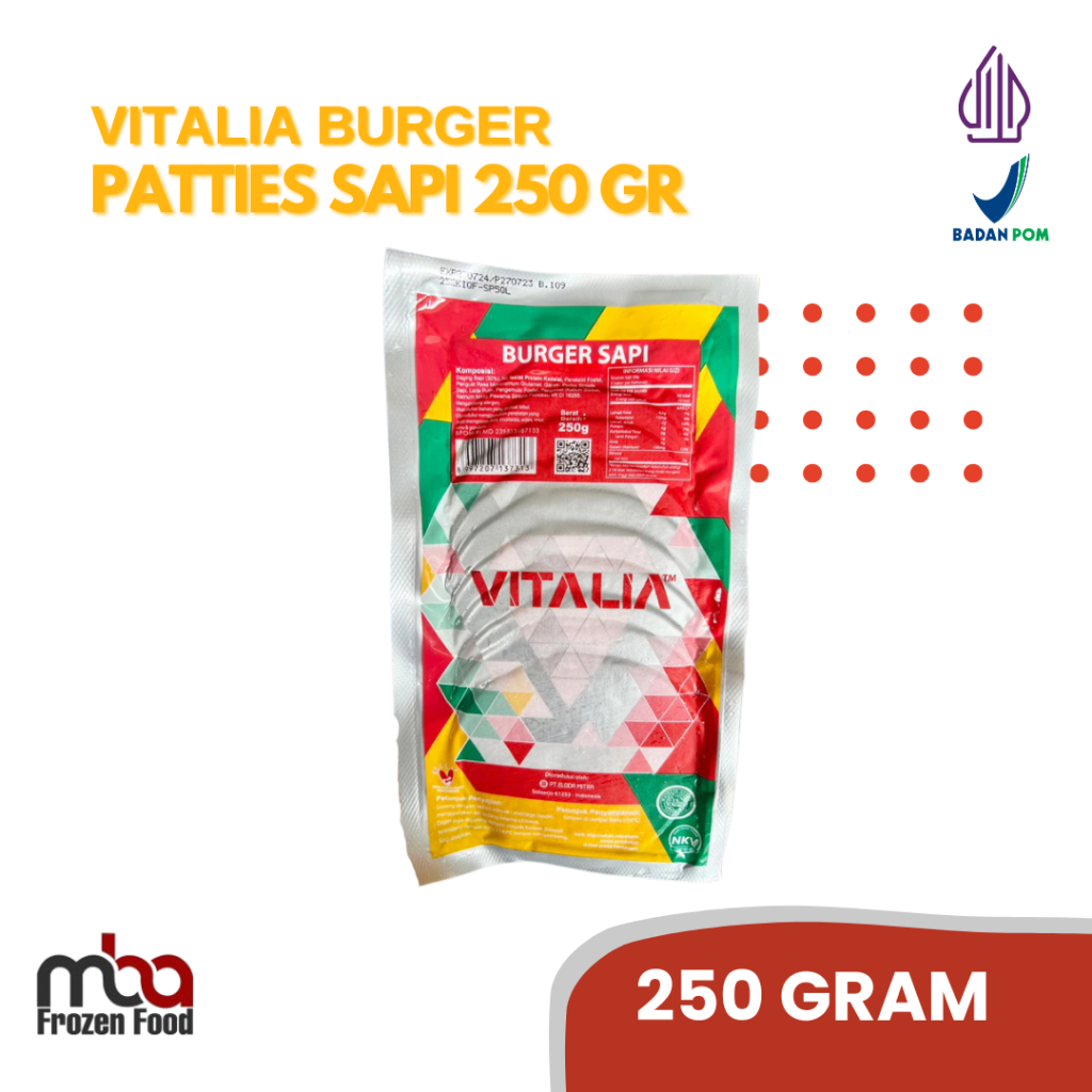 

Burger Sapi Vitalia 250gr by Bernardi /Sosissapi /Sapi /Sosis /Daging /Kornet /Sate /Snack /Camilan /Dagingsapi /Dagingayam /Ayam /Frozen food