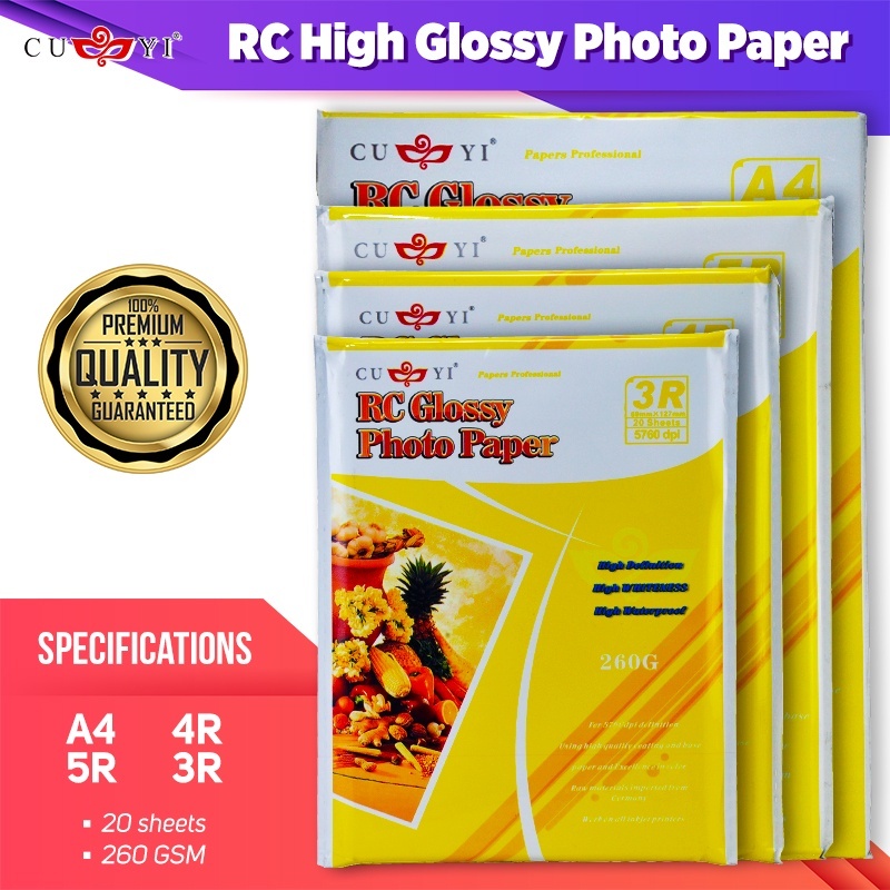 Kertas Foto Glossy CUYI RC 260gsm Ukuran 3R | 4R | 5R | A4 Berlapis Resin (20 lembar)
