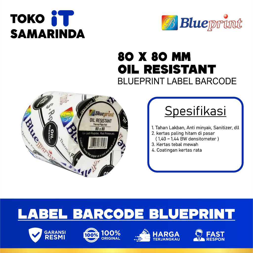 

Kertas Thermal / Kertas Kasir / Kertas Struk BLUEPRINT 80mmx80mm Oil Resistant