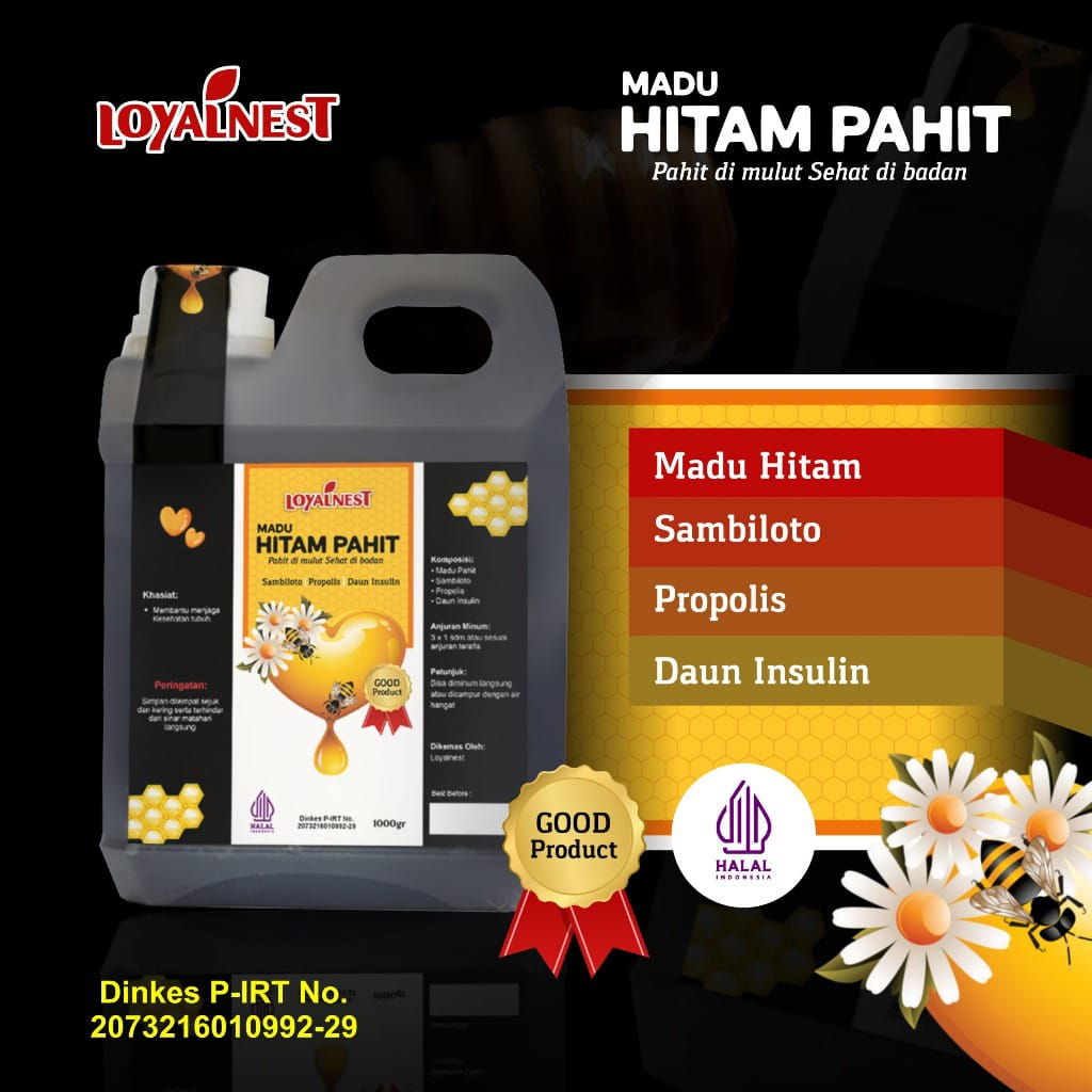 

Madu Hitam Pahit Loyal Premium plus Sambiloto - Propolis - Daun Insulin 1kg 4.8