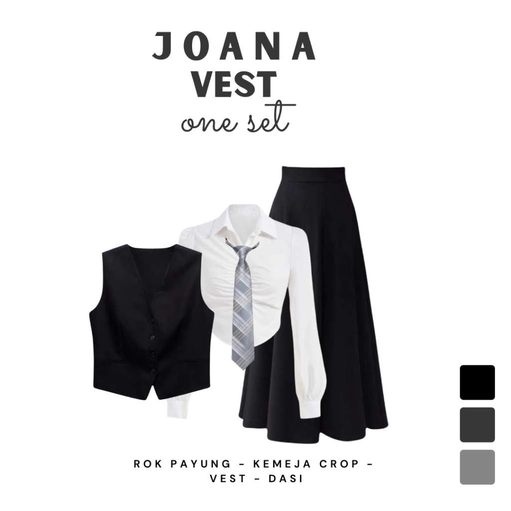 One Set OOTD Yearbook American School (Kemeja Putih, Vest Hitam, Rok Hitam, Dasi Kotak Abu) - CTO53