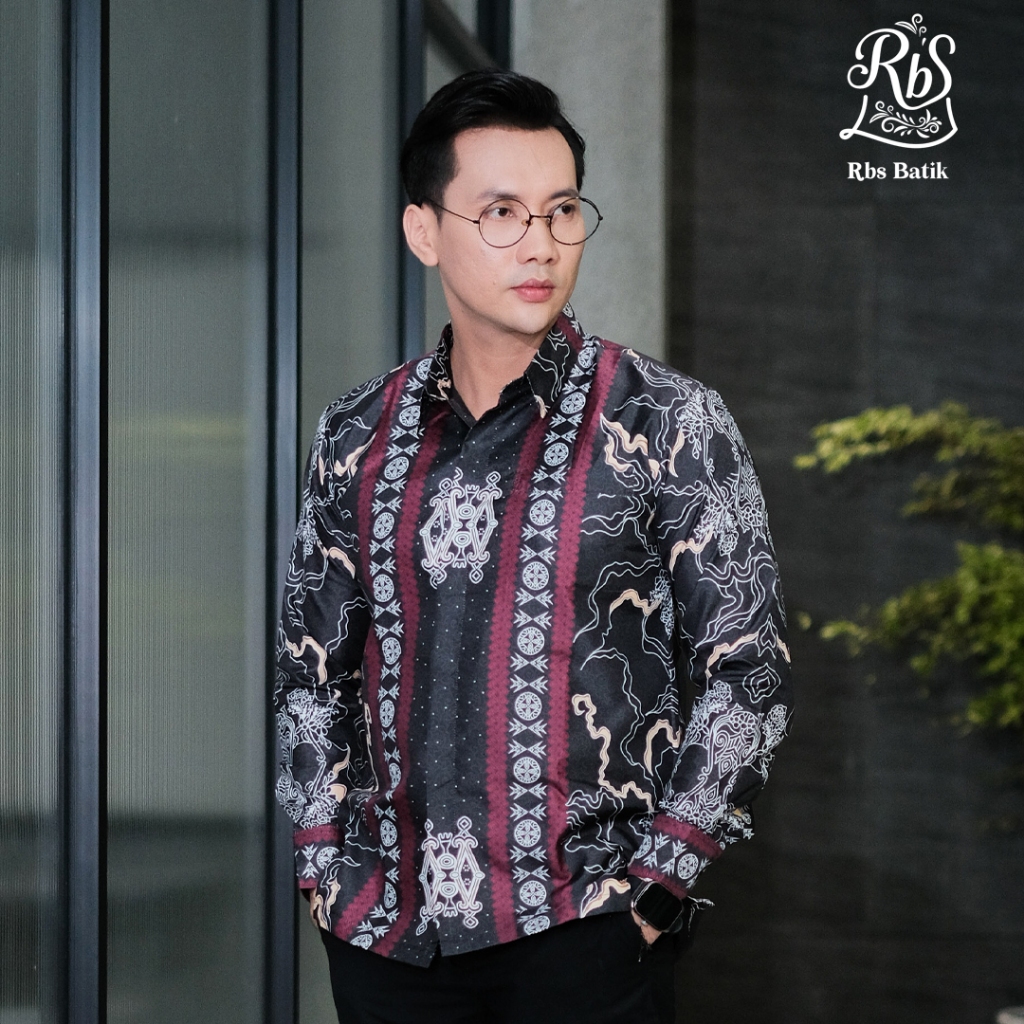RBS Batik - Kemeja Batik Pria Wasesa Slimfit Lapis Furing Warna Hitam Kombinasi Abu Motif Dayak