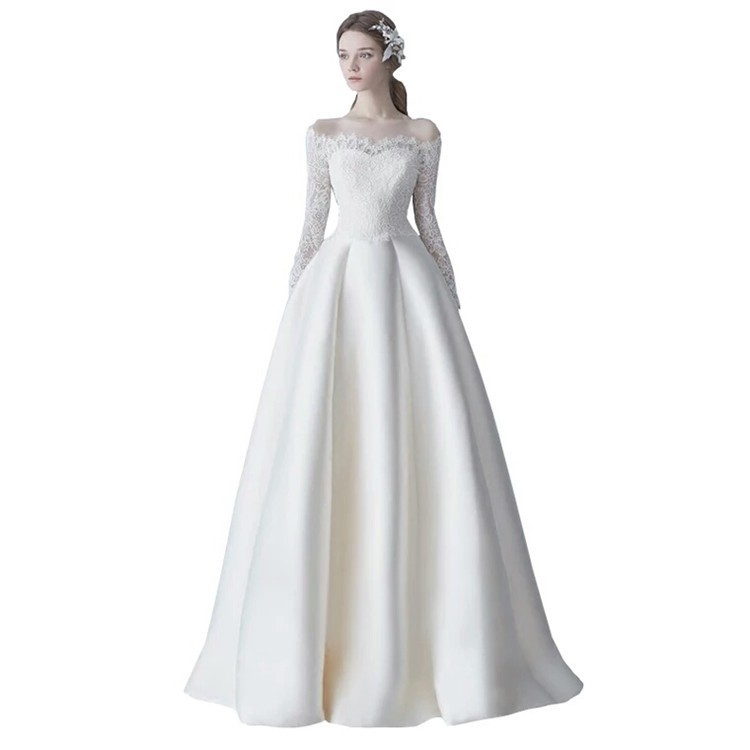 Gaun Wanita Gaun pengantin Bahan Satin Renda Bordir Gaun Pesta White Satin Maxi Wedding Dress