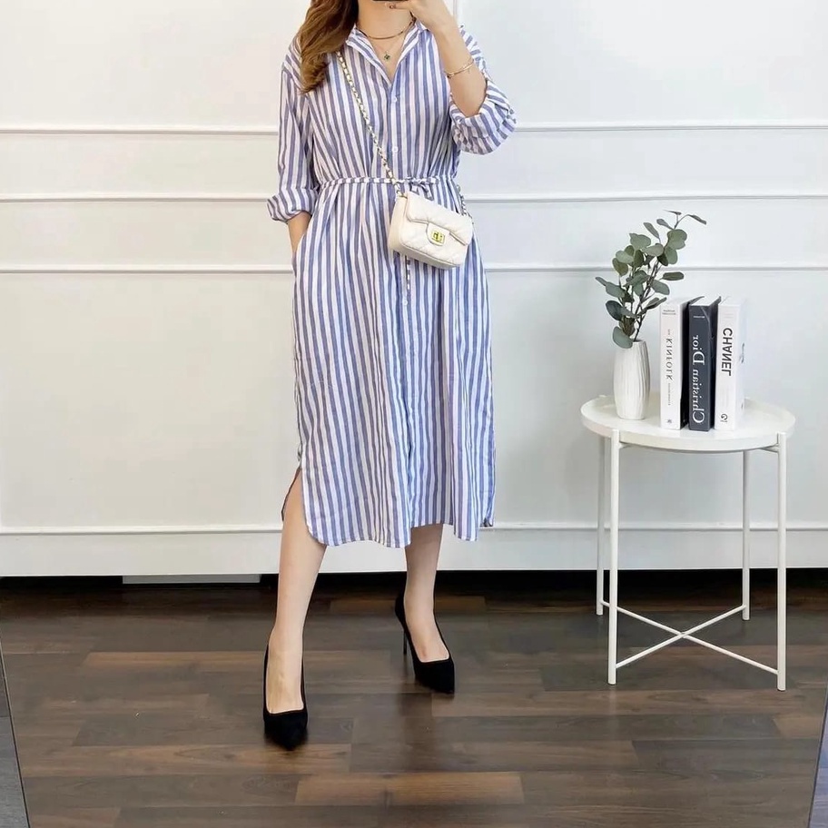 Stripe tunik oversize  tunik kekinian  tunik model terbaru termurahdress salur kancing depan