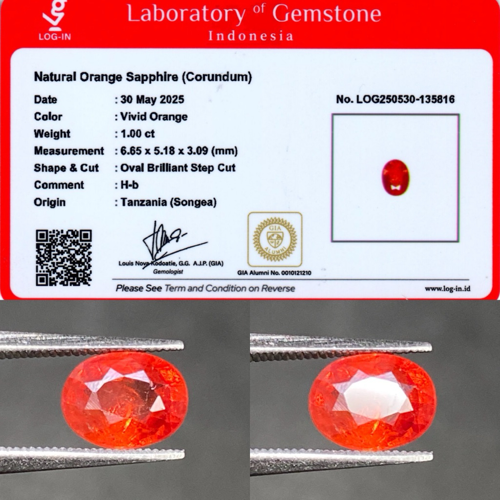 1,00 cts Natural Vivid Orange Sapphire origin Songea (Tanzania) H-b Treatment Memo LOGIN