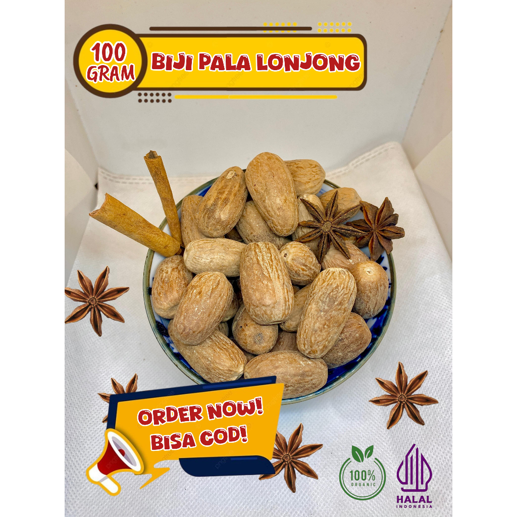 

Biji pala lonjong / kemasan 100gram / bumbu rempah dapur
