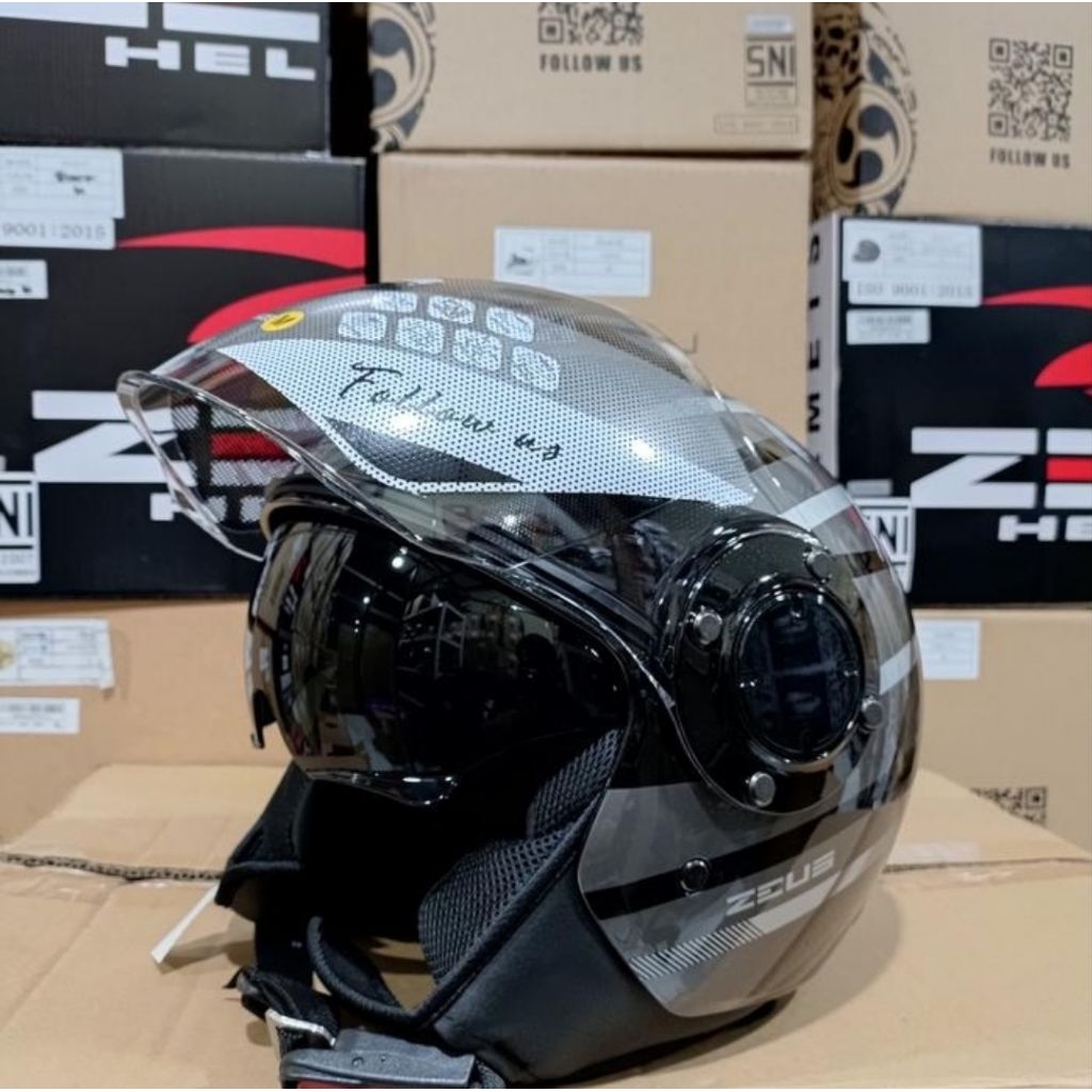 HELM ZEUS 217 BLACK GREY RETRO CLASSIC DOUBLE VISOR VESPA HALFACE ORIGINAL