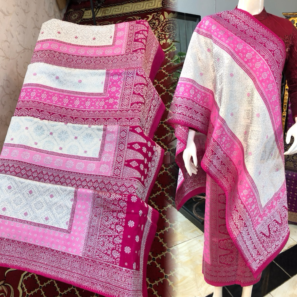 PUTIH PINK Silver Exclusive Songket Rakam Dimensi ORI /songket tenun asli palembang /ilham songket p