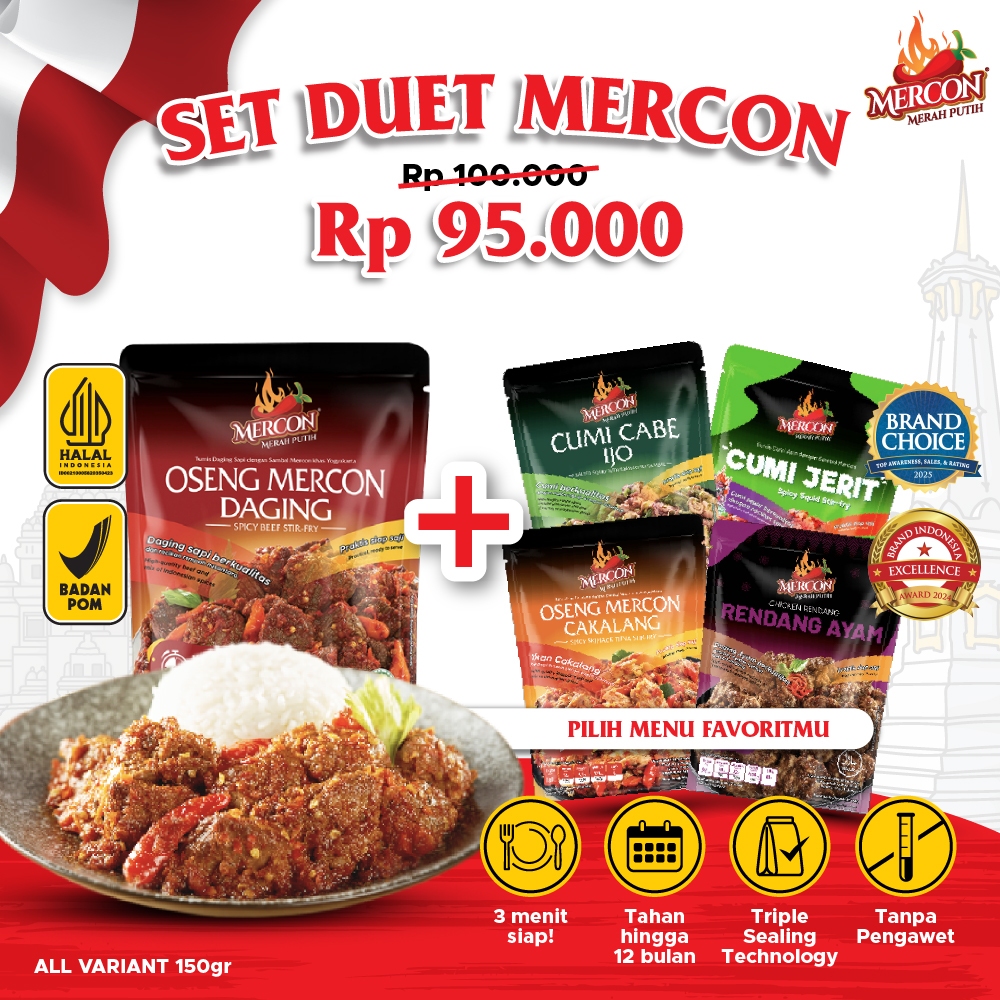 

[JAMINAN HARGA TERMURAH] - Mercon Merah Putih - Set Duet Mercon || OSENG MERCON DAGING + (Cumi Jerit/ Cumi Cabe Ijo/ Oseng Mercon Cakalang/ Rendang Ayam)