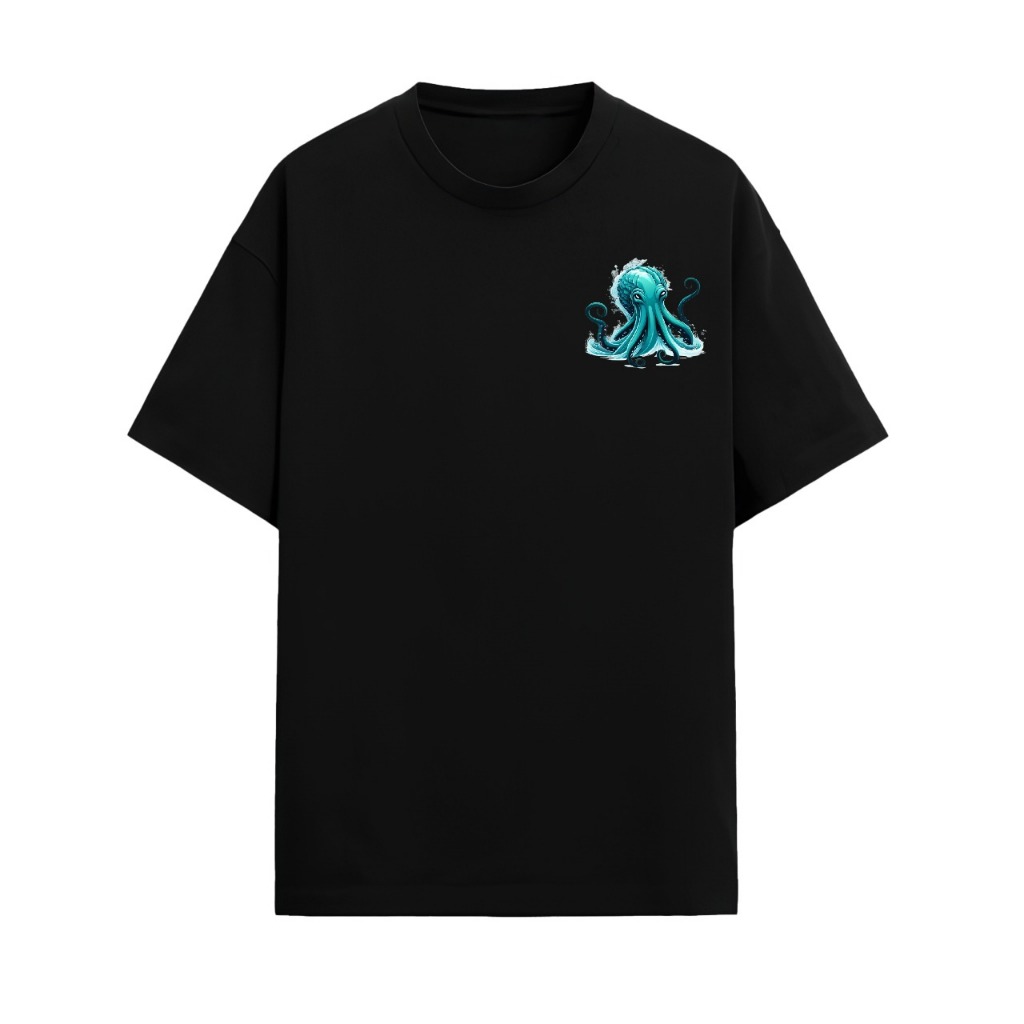 Kaos Distro Kraken Abyss – Logo Depan & Gambar Kraken Belakang | Baju Hitam Monster Laut Keren | Kao