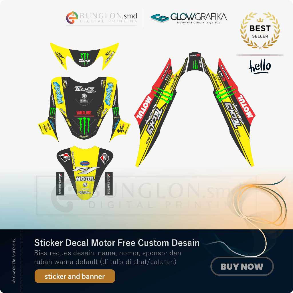 DECAL STIKER MOTOR CUSTOM YAMAHA MIO SMILE EDISI TECH3 POLOS HITAM KUNING 2