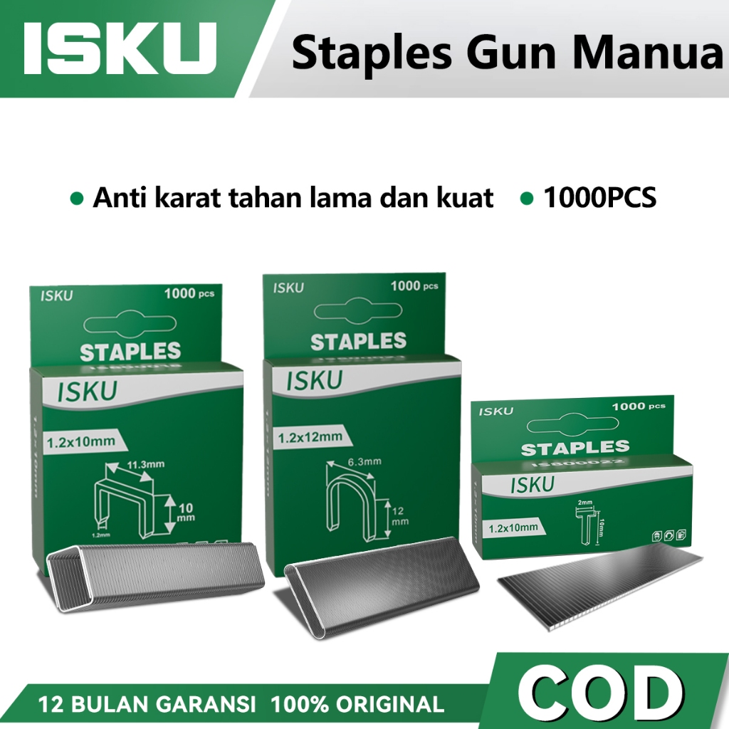 

ISKU Staples Gun Manual/Isi Ulang Refill Staples 1000pcs 1.2*10mm Perkakas Isi Stapless Tembak Gun Tacker
