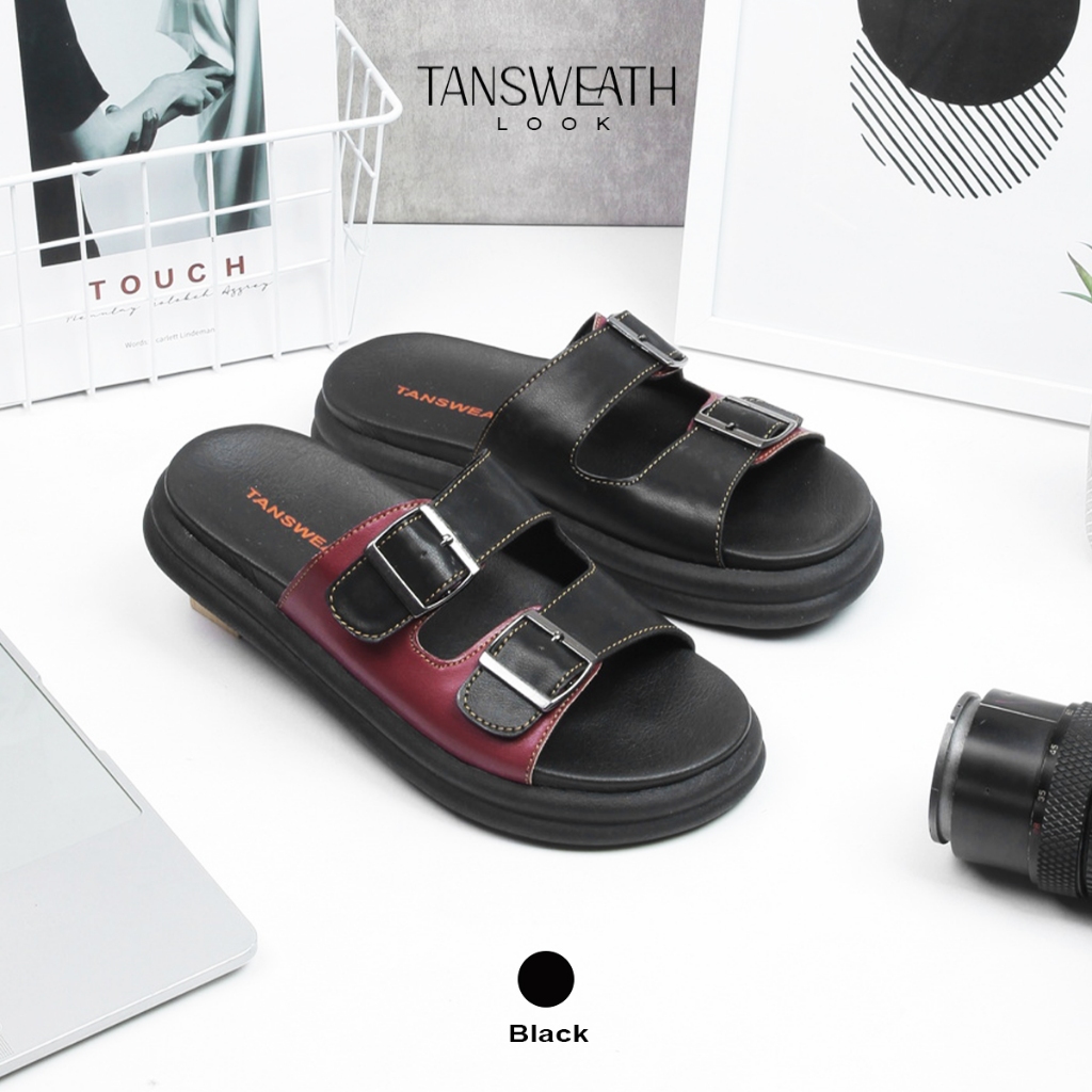TANSWEATH - Sandal Selop Wanita Gesper Sandal Kekinian Empuk Sandal Wanita Hitam Sendal Karet Cewek