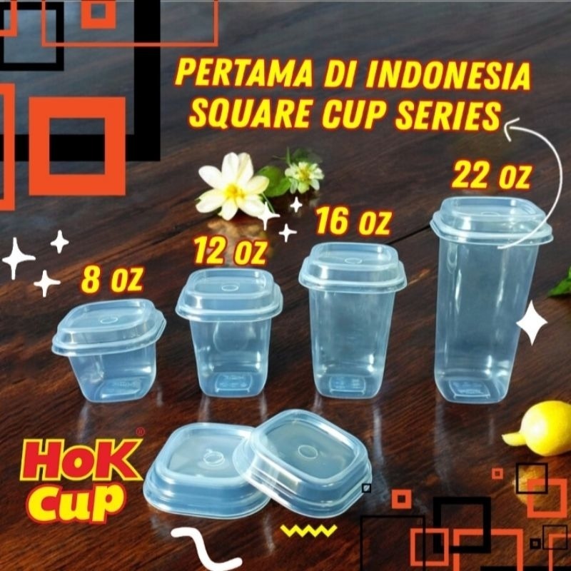 Cyailaa Gelas Plastik Square + Tutup Uk. 8Oz 12Oz 16Oz 22Oz Square Cup Series Gelas Plastik Bening