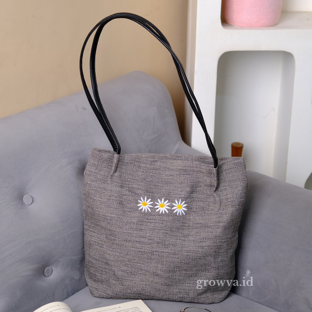 Totebag Daisy Black Bordir Bunga / Tote bag Kanvas Goni Shoulderbag korea Aesthetic Kekinian Tas bah