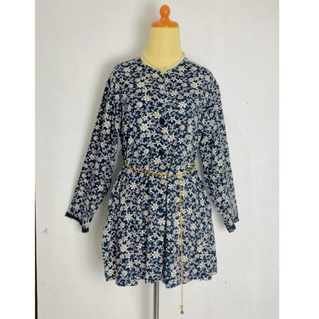Blouse blus Kemeja tunik lengan panjang model balon vintage bahan polyester motif bunga floral tropi