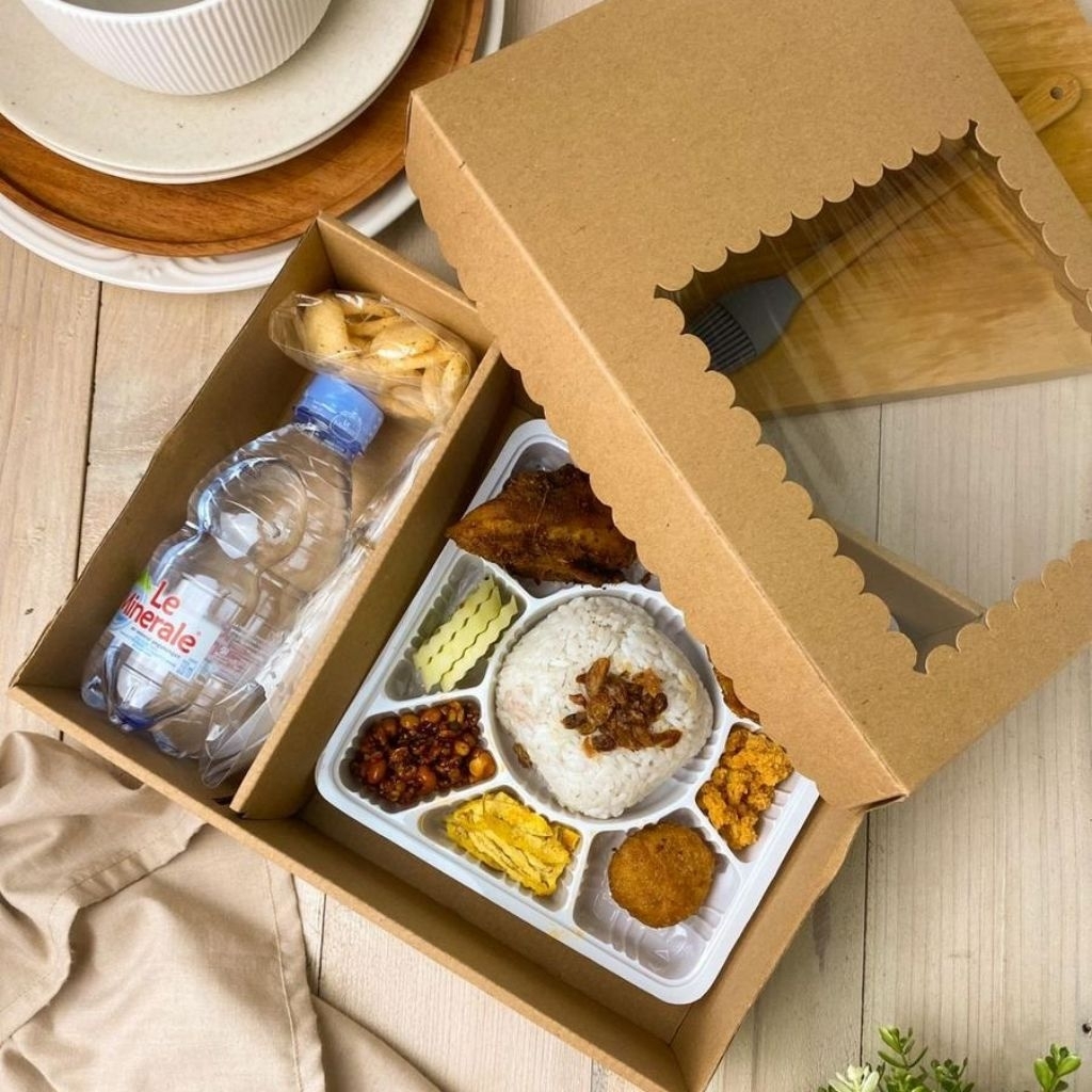 

BOX CATERING - Dus lunch box kotak makan nasi katering sekat botol minum dus packaging window 28x20x8 cm