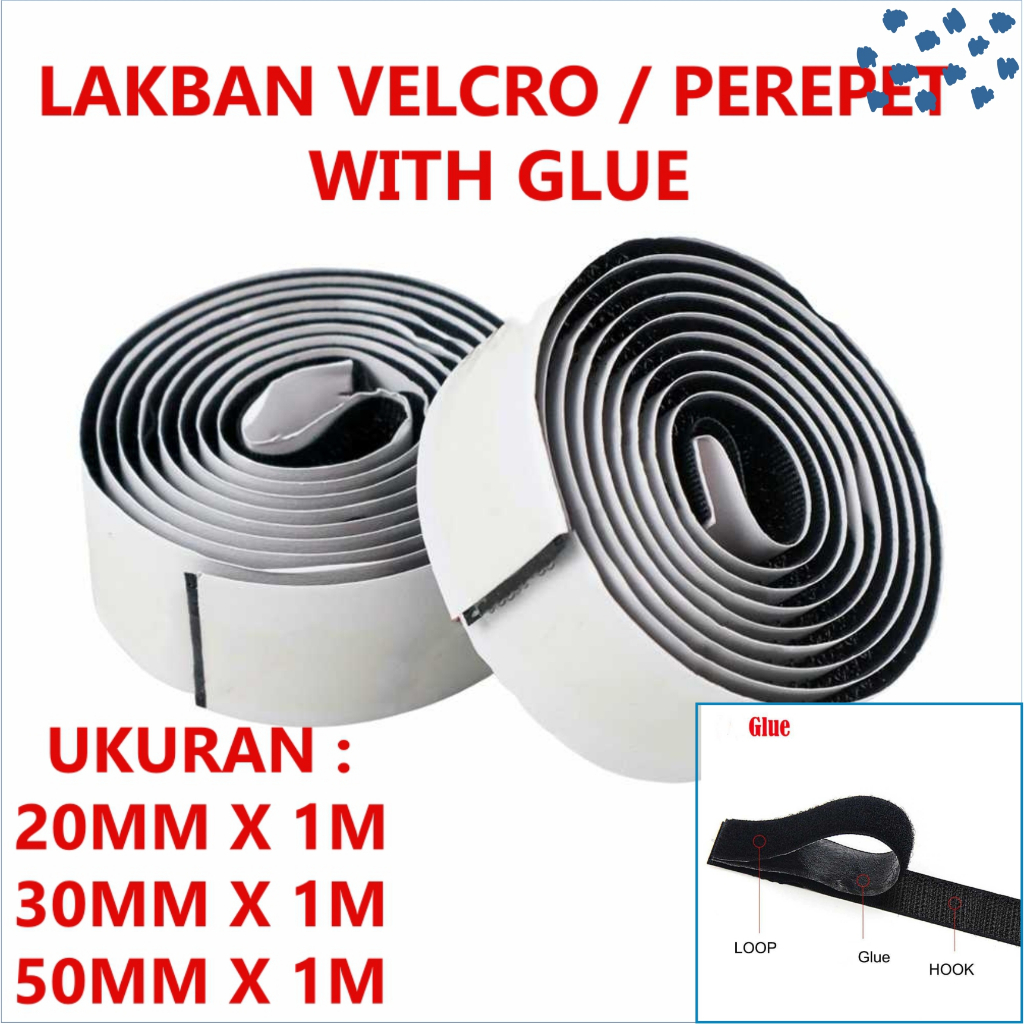 Lakban Velcro Hook and Loop Tape 1 Meter Plus Lem Perepet Strap Sticker Perekat Baju Seragam Kain