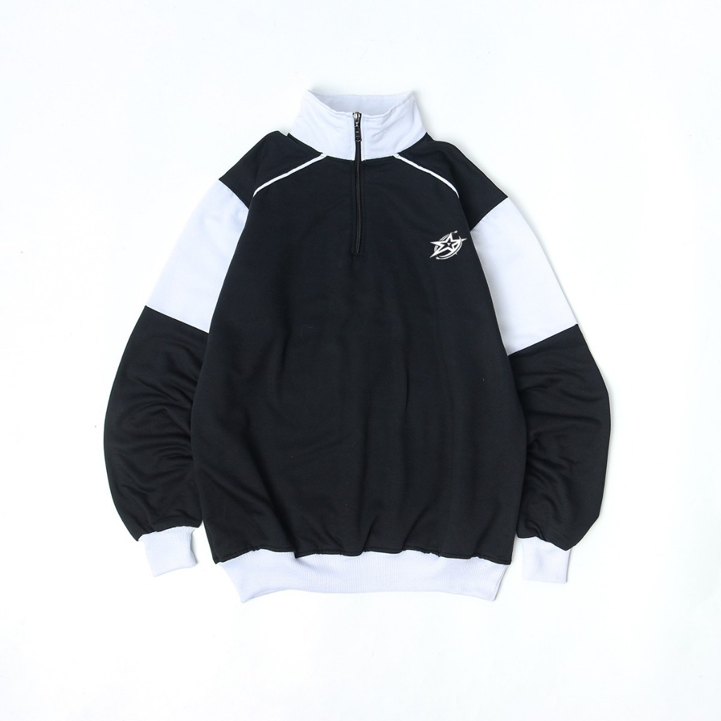PLATINUM WORLD Sweatshirt Crewneck HALF ZIPP Rugby BT Hitam Putih Polos Couple Pria - Wanita
